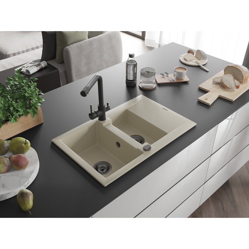 Mexen Gaspar 1.5-bowl granite sink with drainer and Duero kitchen faucet, beige - 6507-69-671600-70