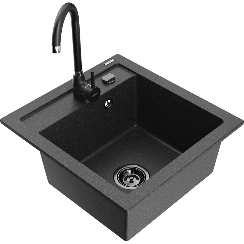 Mexen Vito 1-bowl granite kitchen sink with Telma kitchen tap, black speckled - 6503-76-670200-70-B