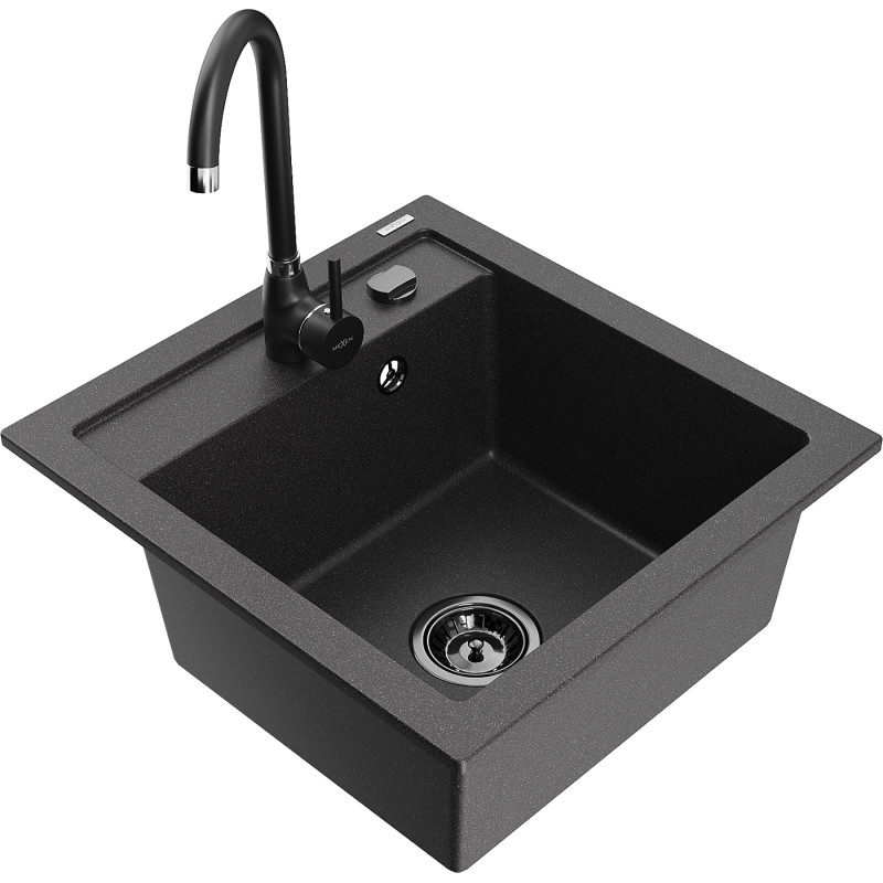 Mexen Vito 1-Bowl Granite Sink with Telma Kitchen Faucet, Speckled Black - 6503-76-670200-70-B
