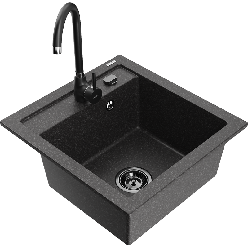 Mexen Vito 1-compartment granite sink with a kitchen mixer tap Telma, spotted black - 6503-76-670200-70-B