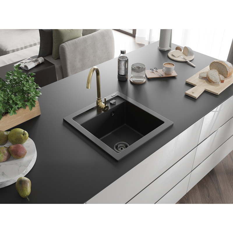 Mexen Vito 1-bowl granite kitchen sink with Telma faucet, black - 6503-77-670200-50-B