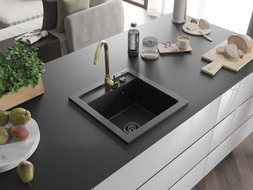 Mexen Vito 1-bowl granite kitchen sink with Telma faucet, black - 6503-77-670200-50-B
