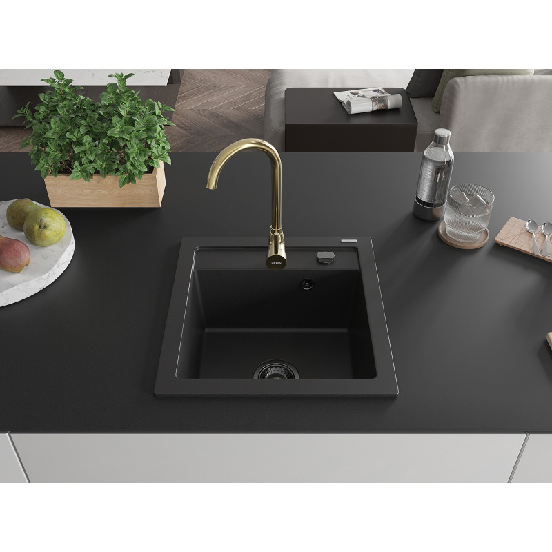 Mexen Vito 1-bowl granite kitchen sink with Telma faucet, black - 6503-77-670200-50-B