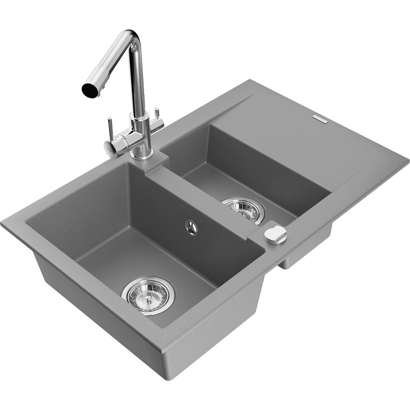 Mexen Gaspar granite sink 1.5-bowl with drainer and Duero kitchen faucet, gray - 6507-71-671600-00