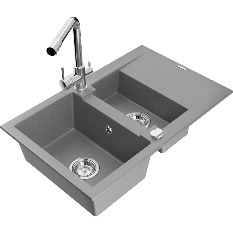 Mexen Gaspar grey granite sink 1.5-bowl with drainer and Duero kitchen tap, - 6507-71-671600-00