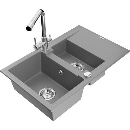 Mexen Gaspar granite sink 1.5-bowl with drainer and Duero kitchen faucet, gray - 6507-71-671600-00