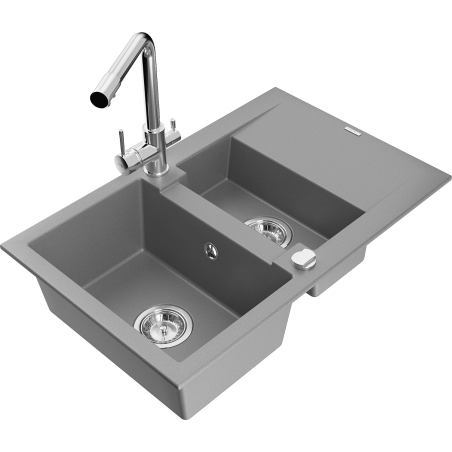 Mexen Gaspar grey granite sink 1.5-bowl with drainer and Duero kitchen tap, - 6507-71-671600-00