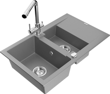 Mexen Gaspar 1.5-compartment granite sink with a drip tray and kitchen mixer tap Duero, Grey - 6507-71-671600-00