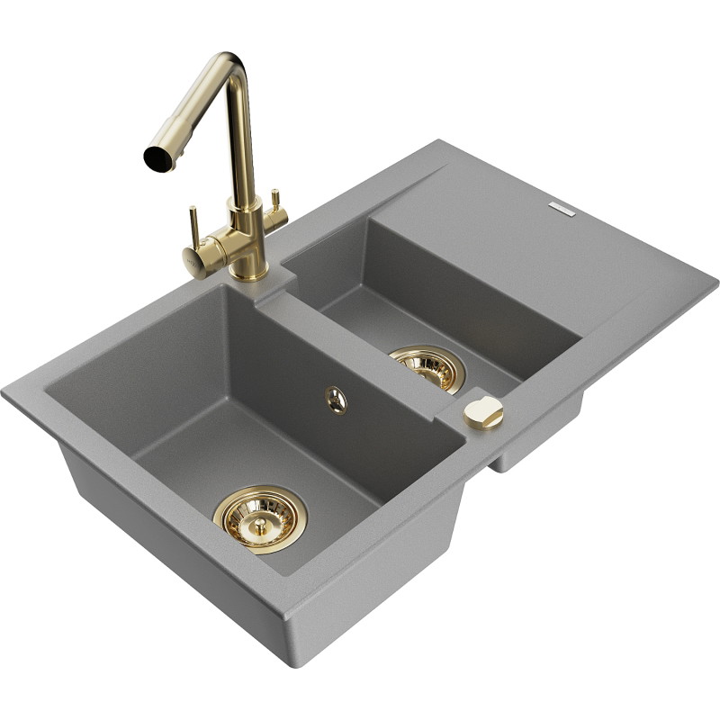 Mexen Gaspar granite kitchen sink 1.5-bowl with drainer and Duero kitchen faucet, gray - 6507-71-671600-50