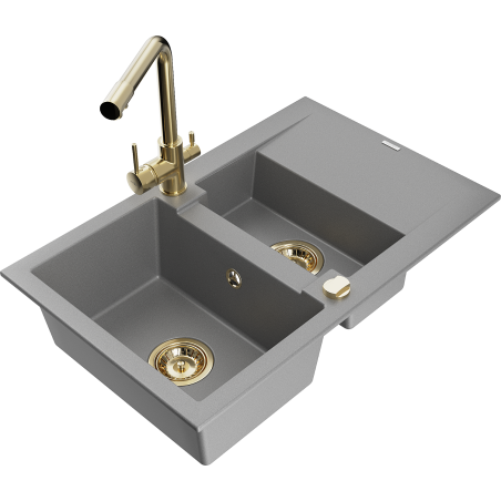 Mexen Gaspar granite sink 1.5-bowl with drainer and Duero kitchen faucet, gray - 6507-71-671600-50