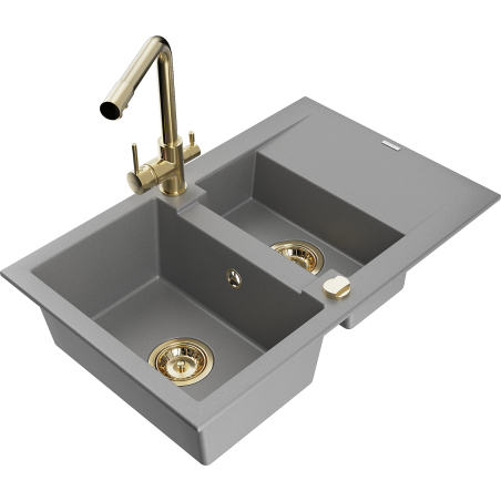Mexen Gaspar granite sink 1.5-bowl with drainer and Duero kitchen tap, grey - 6507-71-671600-50