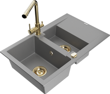 Mexen Gaspar granite sink 1.5-bowl with drainer and Duero kitchen tap, grey - 6507-71-671600-50