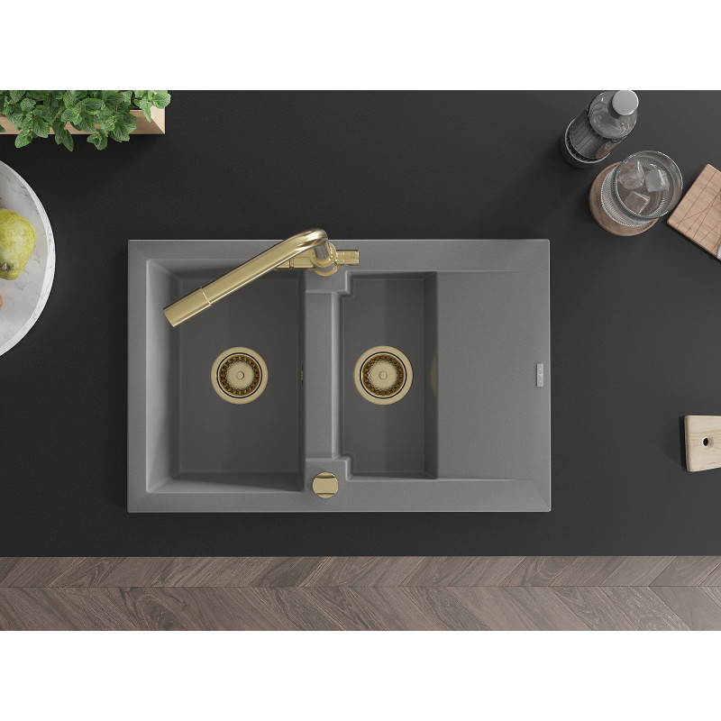 Mexen Gaspar granite kitchen sink 1.5-bowl with drainer and Duero kitchen faucet, gray - 6507-71-671600-50