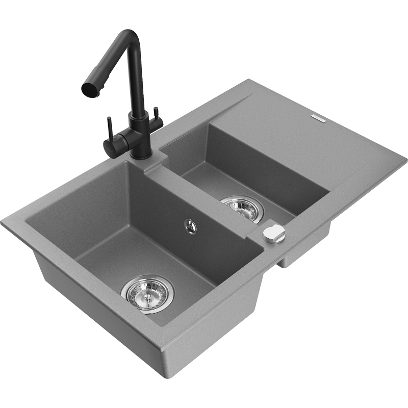 Mexen Gaspar granite sink 1.5-bowl with drainer and Duero kitchen tap, grey - 6507-71-671600-70