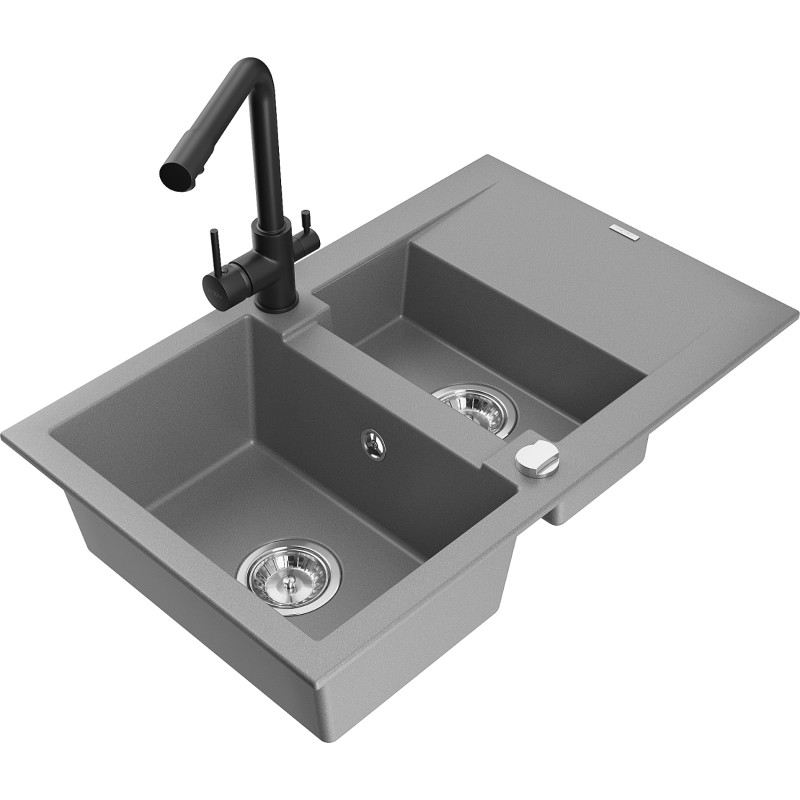 Mexen Gaspar granite sink 1.5-bowl with drainer and kitchen faucet Duero, gray - 6507-71-671600-70