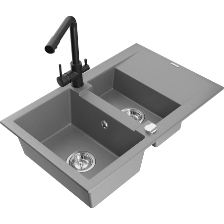 Mexen Gaspar granite sink 1.5-bowl with drainer and Duero kitchen faucet, gray - 6507-71-671600-70