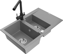 Mexen Gaspar granite sink 1.5-bowl with drainer and Duero kitchen tap, grey - 6507-71-671600-70