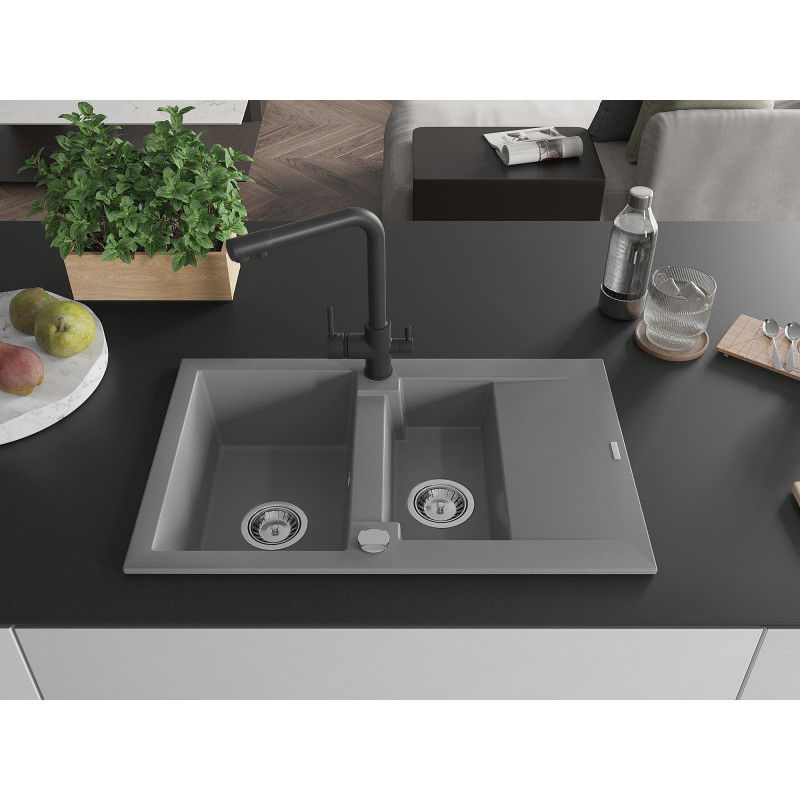 Mexen Gaspar granite sink 1.5-bowl with drainer and Duero kitchen tap, grey - 6507-71-671600-70