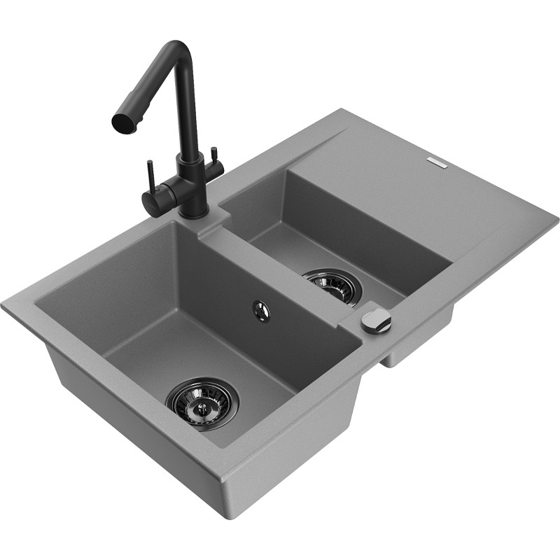 Mexen Gaspar 1.5-bowl granite sink with drainer and Duero kitchen faucet, gray - 6507-71-671600-70-B