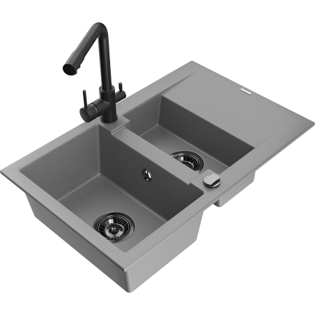 Mexen Gaspar 1.5-bowl granite sink with drainer and Duero kitchen faucet, gray - 6507-71-671600-70-B