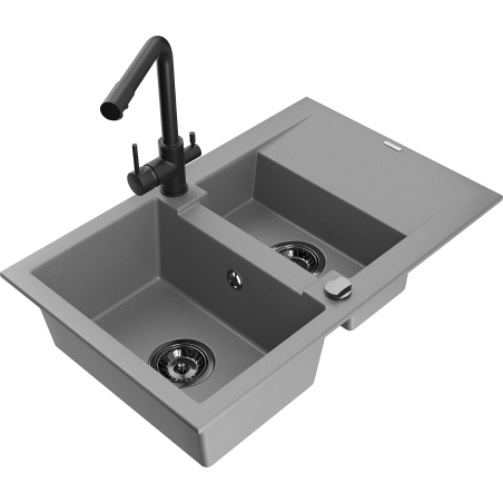 Mexen Gaspar 1.5-compartment granite sink with a drip tray and kitchen mixer tap Duero, Grey - 6507-71-671600-70-B
