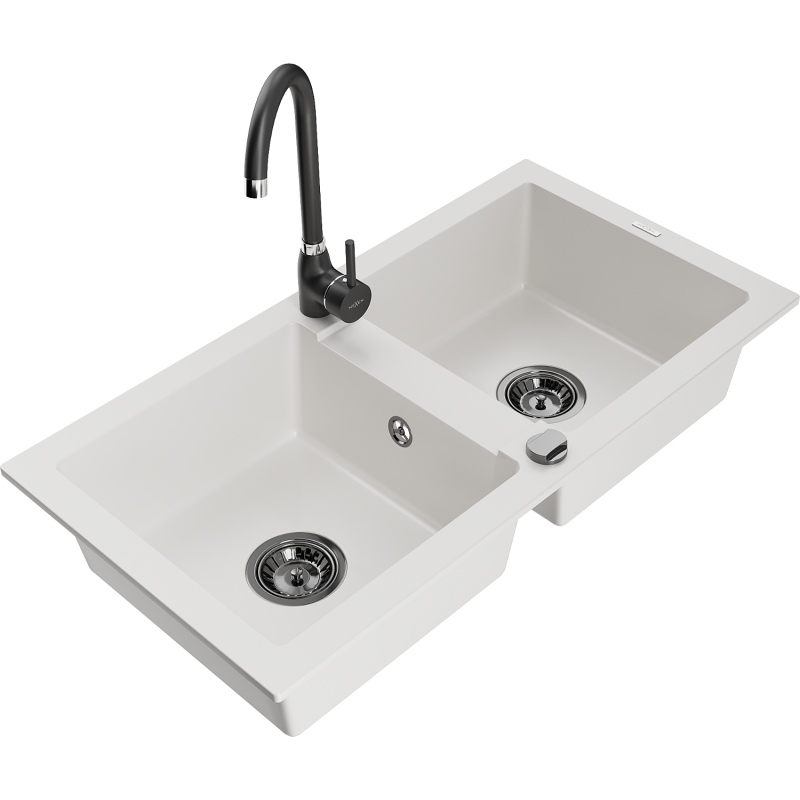 Mexen Mario 2-compartment granite sink with a kitchen mixer tap Telma, White - 6504-20-670200-70