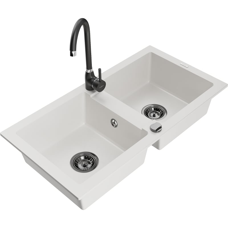 Mexen Mario granite double-bowl sink with Telma kitchen faucet, white - 6504-20-670200-70