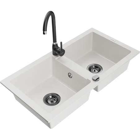 Mexen Mario granite double-bowl sink with Telma kitchen faucet, white - 6504-20-670200-70