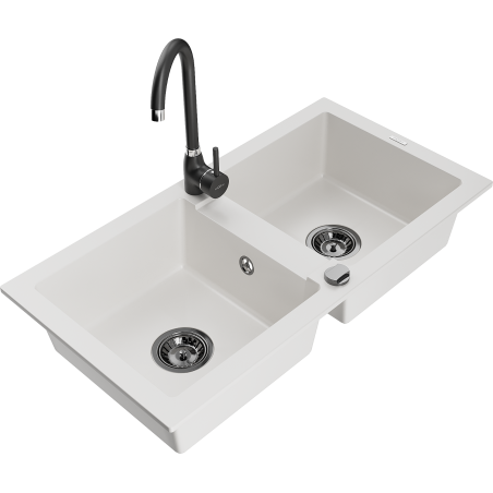 Mexen Mario Granite Kitchen Sink Double Bowl with Telma Faucet, White - 6504-20-670200-70