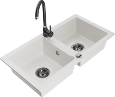 Mexen Mario granite double-bowl sink with Telma kitchen faucet, white - 6504-20-670200-70