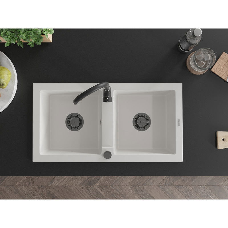 Mexen Mario Granite Kitchen Sink Double Bowl with Telma Faucet, White - 6504-20-670200-70