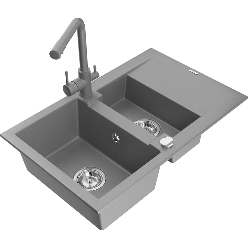 Mexen Gaspar granite kitchen sink 1.5-bowl with drainer and Duero kitchen faucet, gray - 6507-71-671600-71