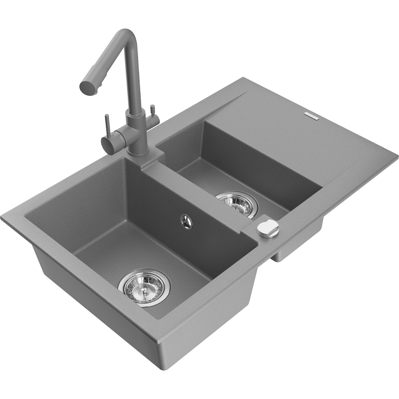 Mexen Gaspar granite sink 1.5-bowl with drainer and Duero kitchen tap, grey - 6507-71-671600-71
