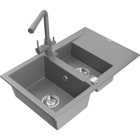 Mexen Gaspar granite sink 1.5-bowl with drainer and Duero kitchen tap, grey - 6507-71-671600-71