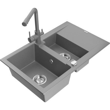 Mexen Gaspar granite sink 1.5-bowl with drainer and kitchen faucet Duero, gray - 6507-71-671600-71
