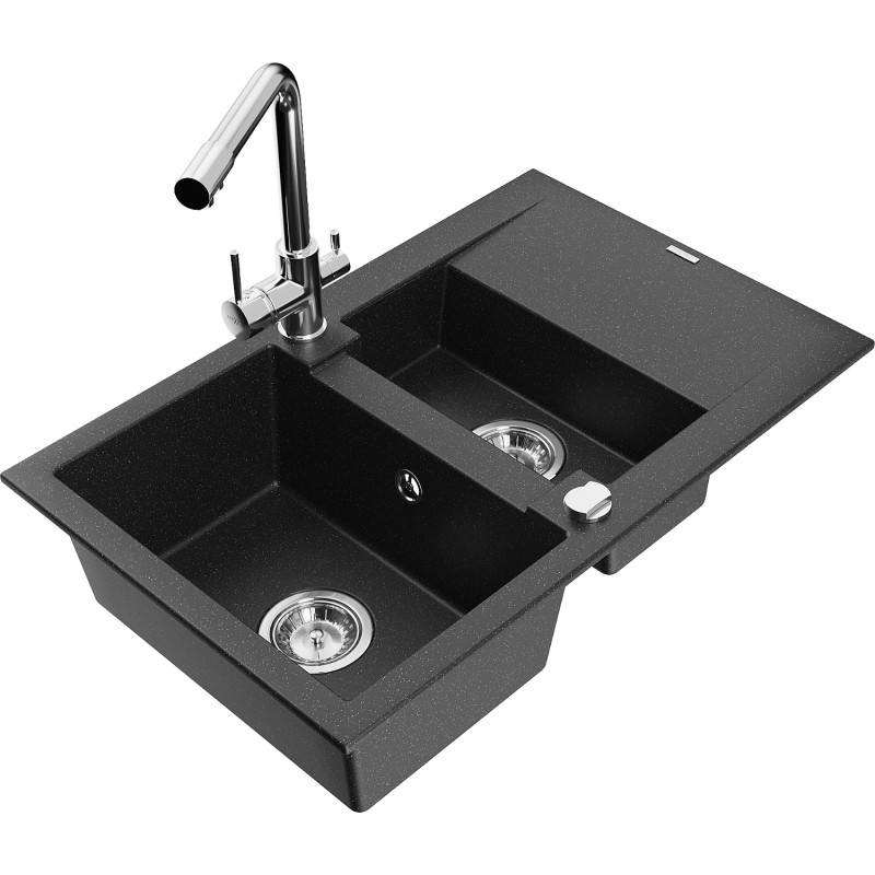 Mexen Gaspar 1.5-bowl granite sink with drainer and kitchen faucet Duero, black/silver - 6507-73-671600-00