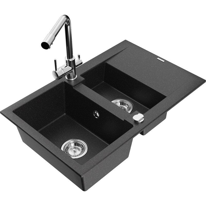 Mexen Gaspar 1.5-compartment granite sink with a drip tray and kitchen mixer tap Duero, Black/Silver - 6507-73-671600-00