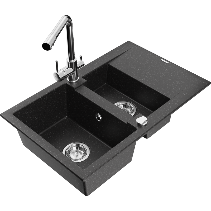 Mexen Gaspar granite sink 1.5-bowl with drainer and Duero kitchen tap, black/silver - 6507-73-671600-00