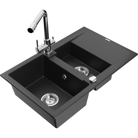 Mexen Gaspar granite sink 1.5-bowl with drainer and Duero kitchen faucet, black/silver - 6507-73-671600-00