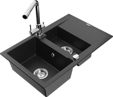 Mexen Gaspar 1.5-compartment granite sink with a drip tray and kitchen mixer tap Duero, Black/Silver - 6507-73-671600-00