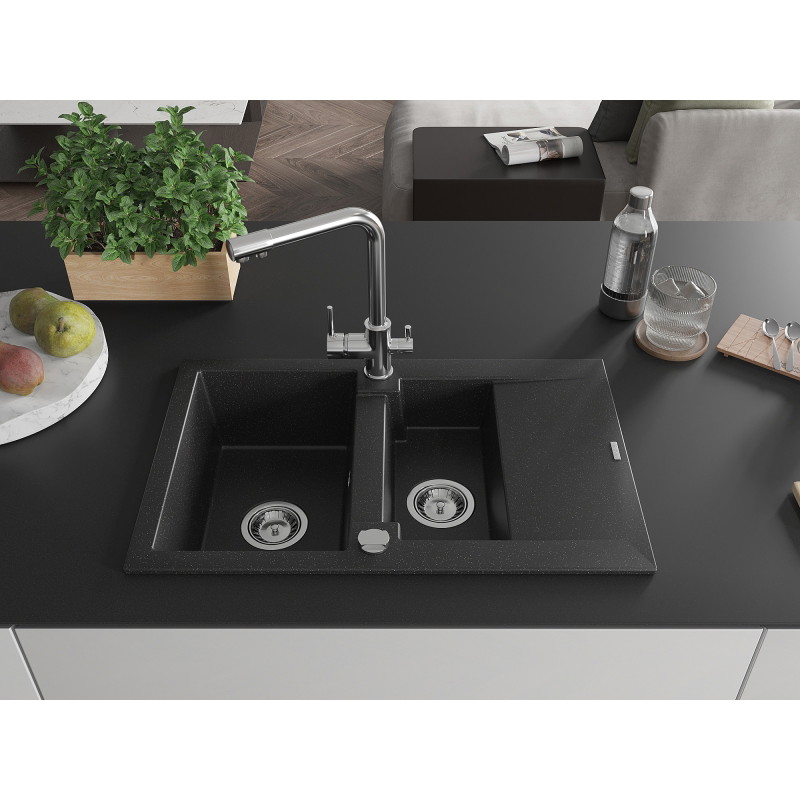 Mexen Gaspar granite sink 1.5-bowl with drainer and Duero kitchen faucet, black/silver - 6507-73-671600-00