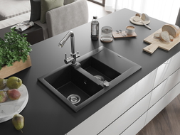 Mexen Gaspar granite sink 1.5-bowl with drainer and Duero kitchen tap, black/silver - 6507-73-671600-00