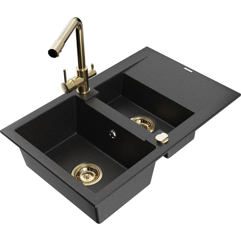 Mexen Gaspar granite sink 1.5-bowl with drainer and kitchen faucet Duero, black/silver - 6507-73-671600-50
