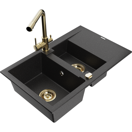 Mexen Gaspar granite sink with 1.5 bowls and drainer and Duero kitchen tap, black/silver - 6507-73-671600-50