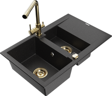 Mexen Gaspar granite sink 1.5-bowl with drainer and kitchen faucet Duero, black/silver - 6507-73-671600-50