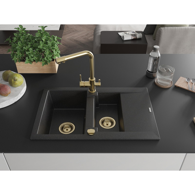Mexen Gaspar granite sink with 1.5 bowls with drainer and Duero kitchen faucet, black/silver - 6507-73-671600-50
