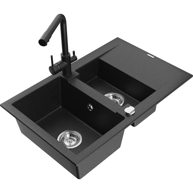 Mexen Gaspar granite sink 1.5-bowl with drainer and Duero kitchen faucet, black/silver - 6507-73-671600-70
