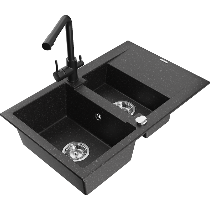 Mexen Gaspar Granite Sink 1.5 Bowl with Drainer and Duero Kitchen Tap, Black/Silver - 6507-73-671600-70