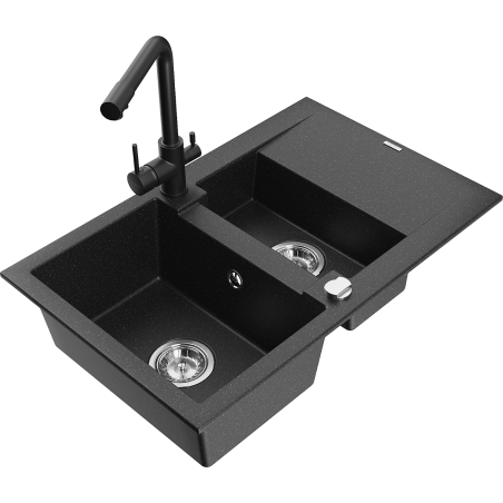Mexen Gaspar granite sink 1.5-bowl with drainer and Duero kitchen faucet, black/silver - 6507-73-671600-70