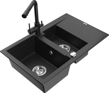 Mexen Gaspar 1.5-compartment granite sink with a drip tray and kitchen mixer tap Duero, Black/Silver - 6507-73-671600-70